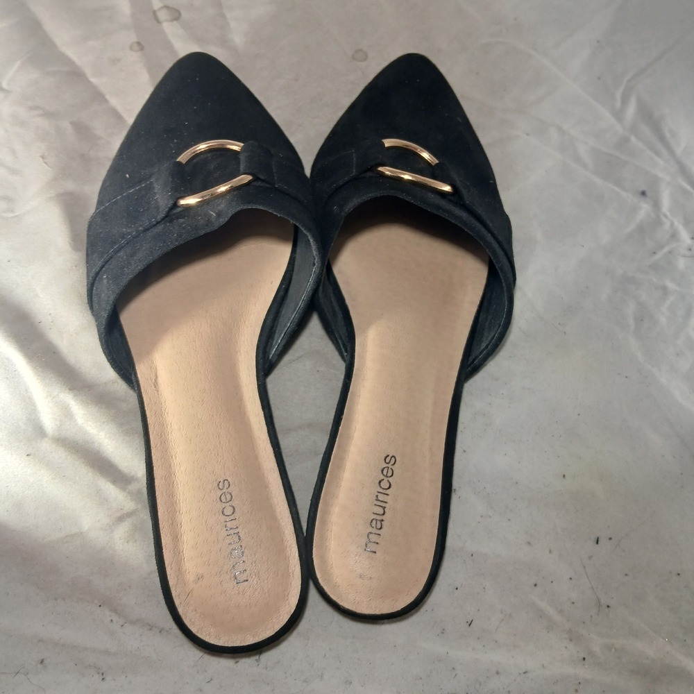 Maurices Natalie Black Fabric Pointed Toe Mule Flats Gold Ring Buckle Mens 8M - Picture 6 of 9